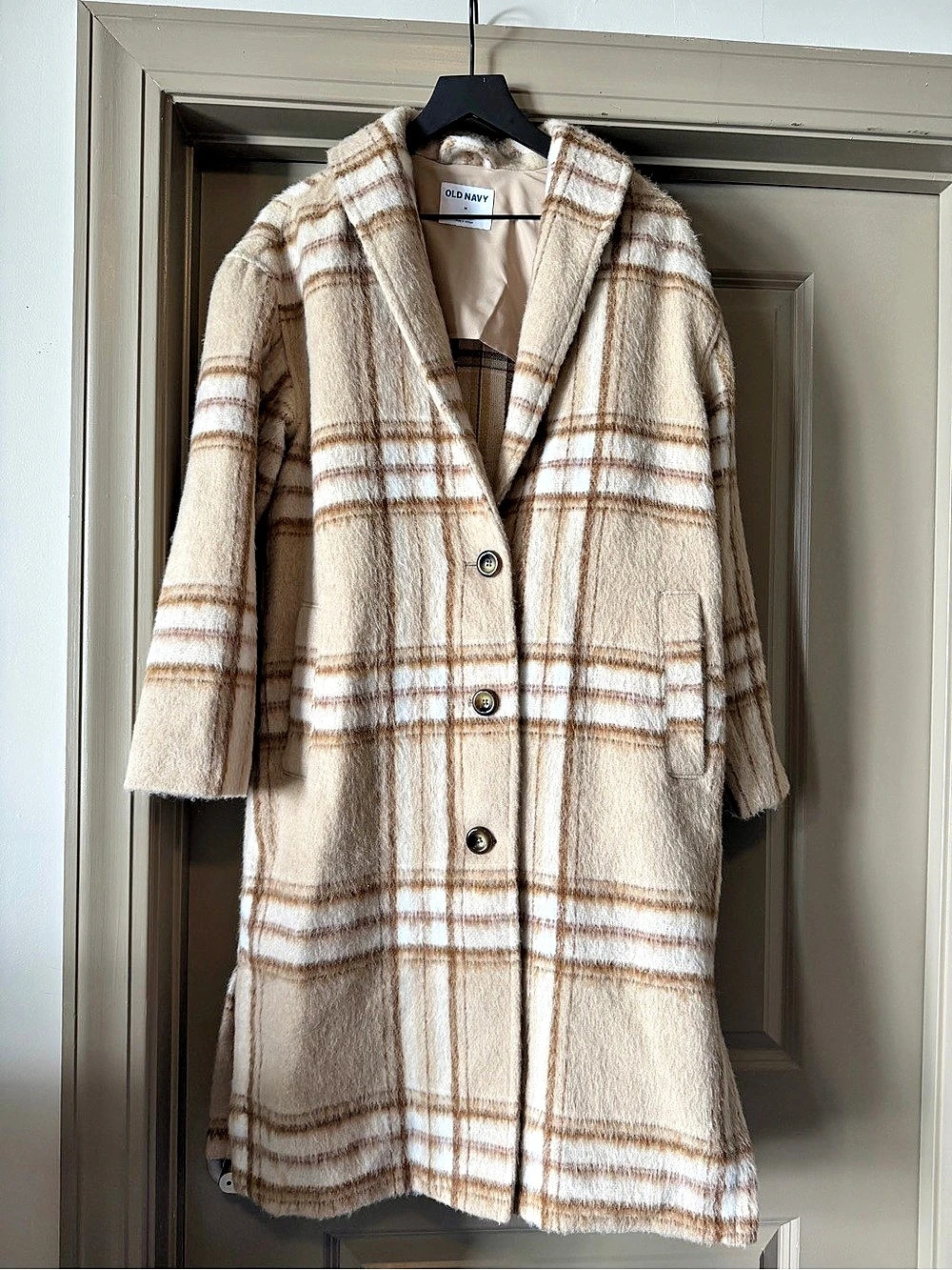 Old Navy Plaid Pea Coat in Cream & Brown Size Medium